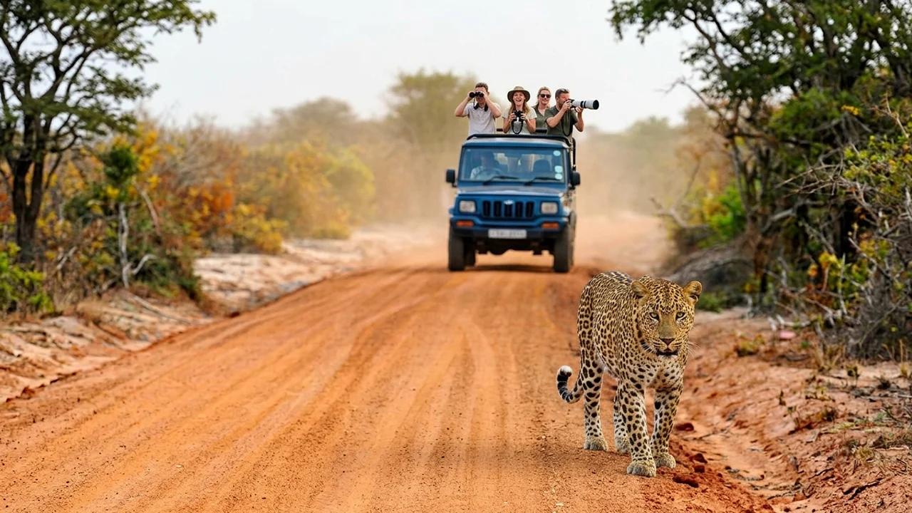 Leopard walking beside a safari jeep with tourists on a Yala National Park private safari tour