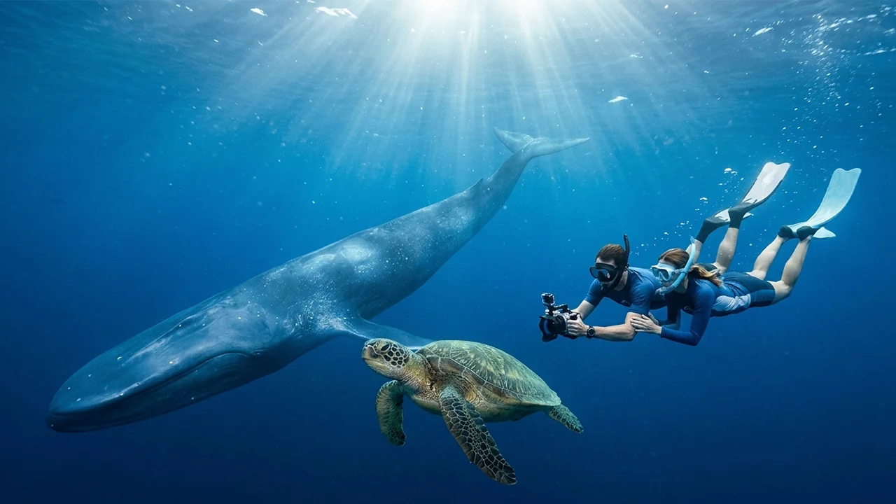Snorkelers swimming alongside a blue whale and sea turtle on the Southern Coast Marine & Turtle Experience near Mirissa, Sri Lanka