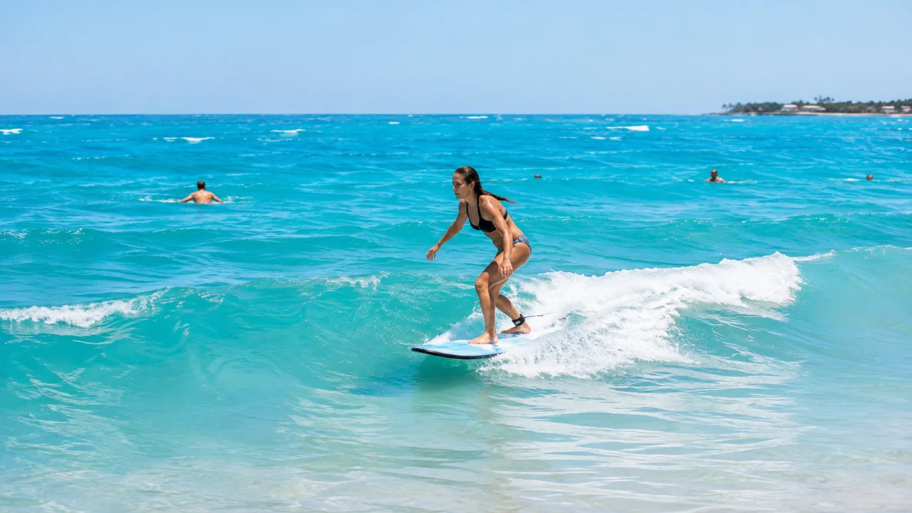 Hiriketiya Bay surf tour: a surfer riding a gentle wave in the horseshoe-shaped bay near Dickwella, Sri Lanka