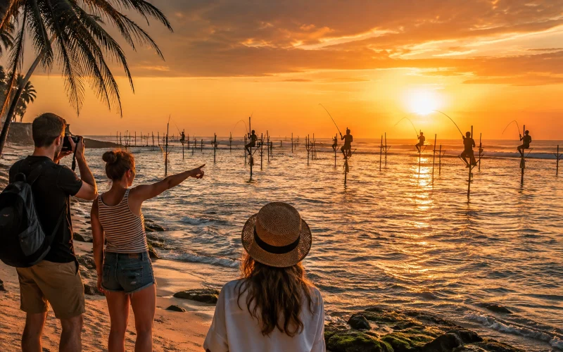 Tourists watching multiple stilt fishermen along the Koggala coastline at sunrise near Galle, Sri Lanka