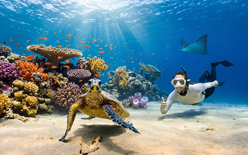 Snorkeler swimming over a coral reef with a sea turtle and tropical fish on Sri Lanka's southern coast