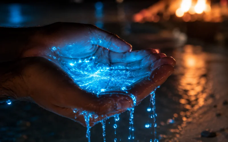 Close-up of glowing bioluminescent plankton lighting up a tide pool at Mirissa, Sri Lanka