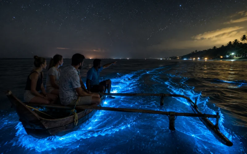 Silhouettes of travelers on a boat surrounded by glowing bioluminescent plankton waves at Mirissa, Sri Lanka