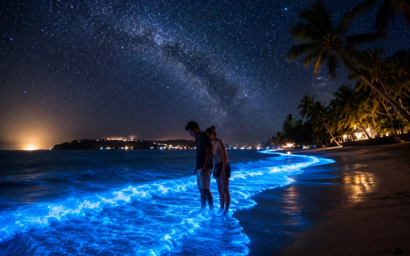 Starry night sky over glowing bioluminescent plankton waves at Mirissa Beach, Sri Lanka